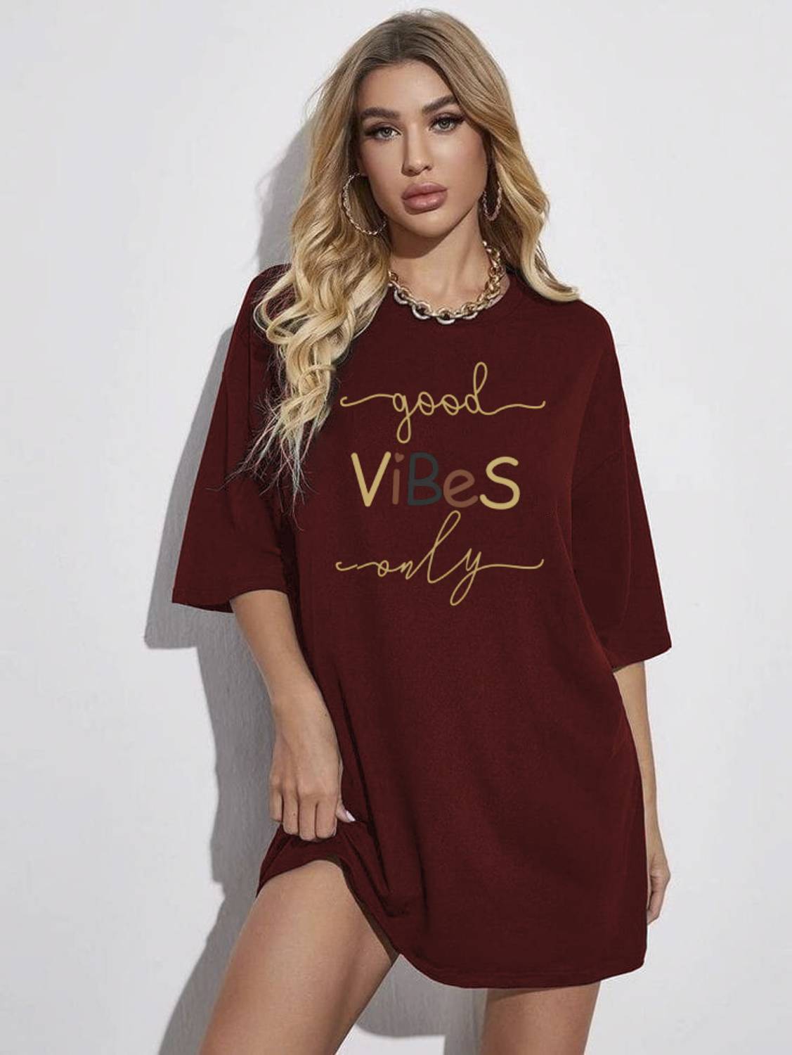 Calm Down Printed Women Round Neck Maroon T-Shirt