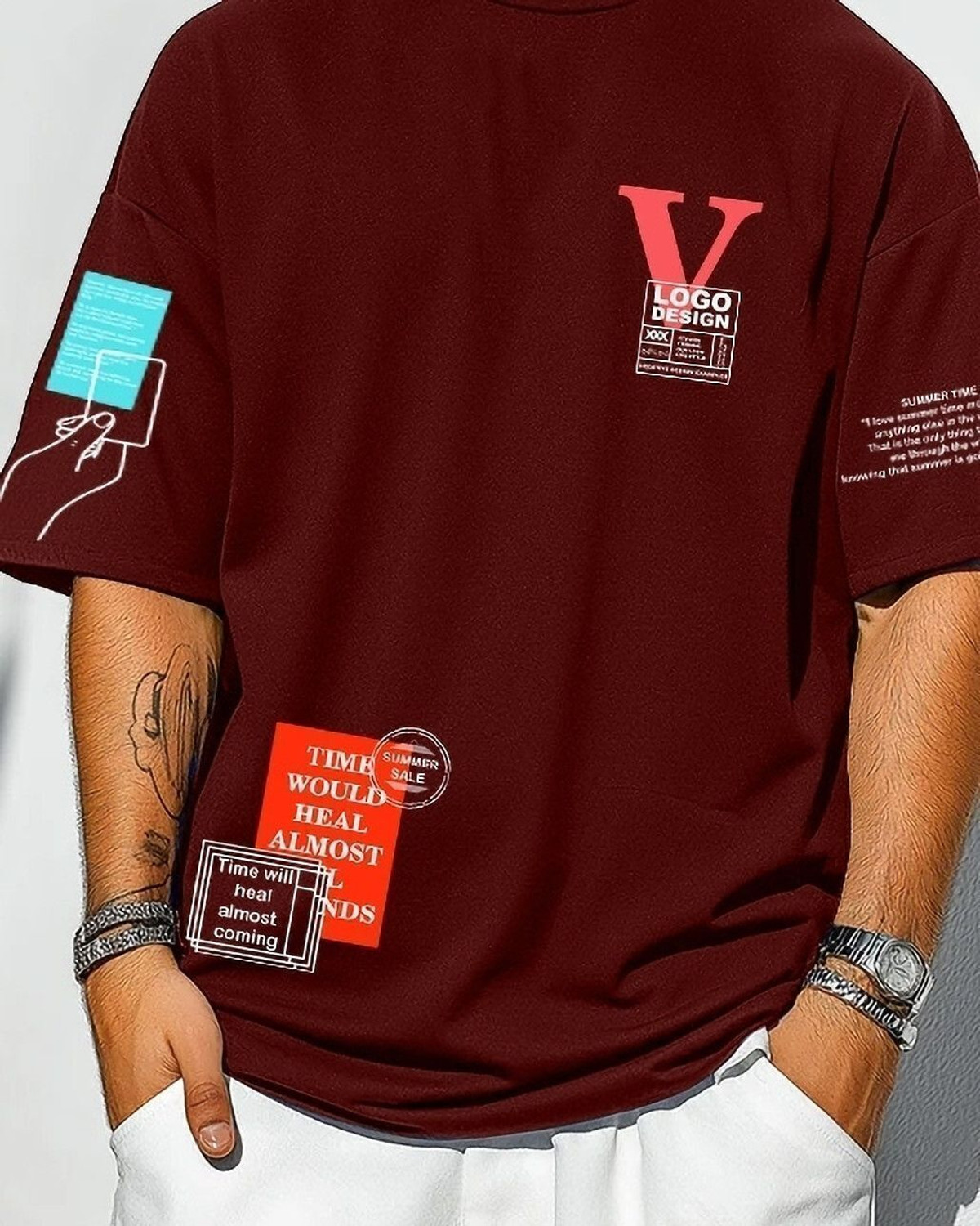 Image of FastColors Printed Men Round Neck Maroon T-Shirt