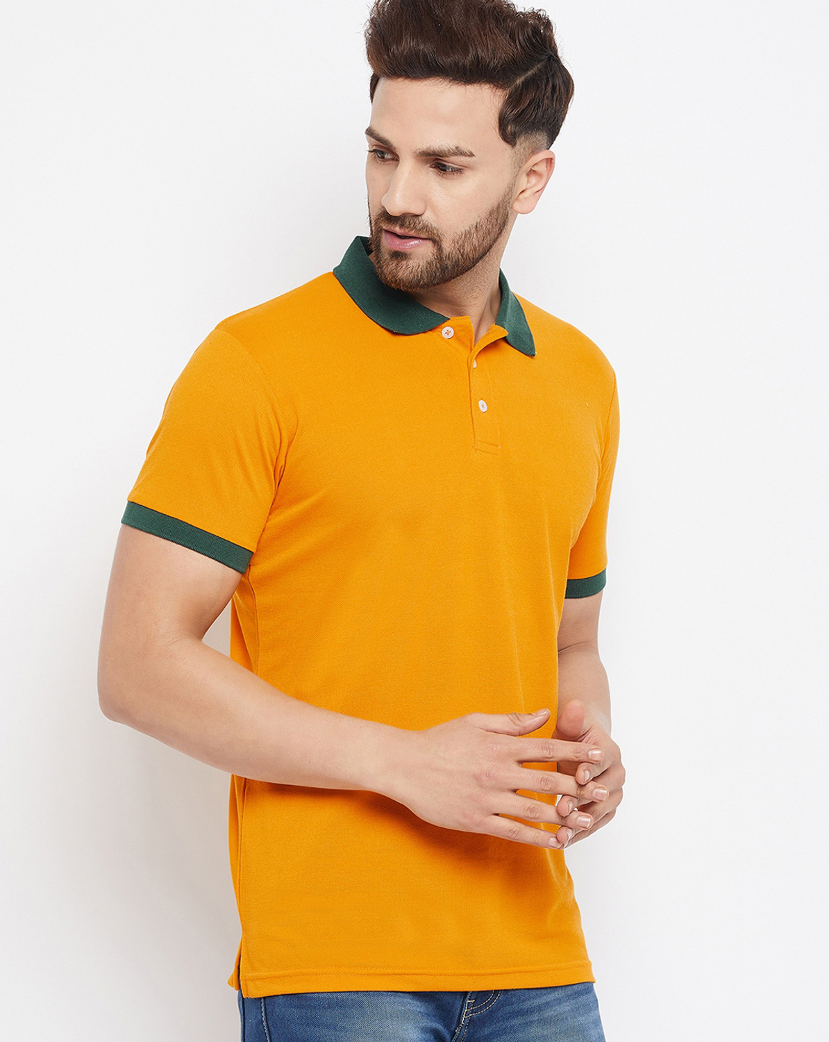 Image of The Million Club Printed Men Polo Neck Gold T-Shirt