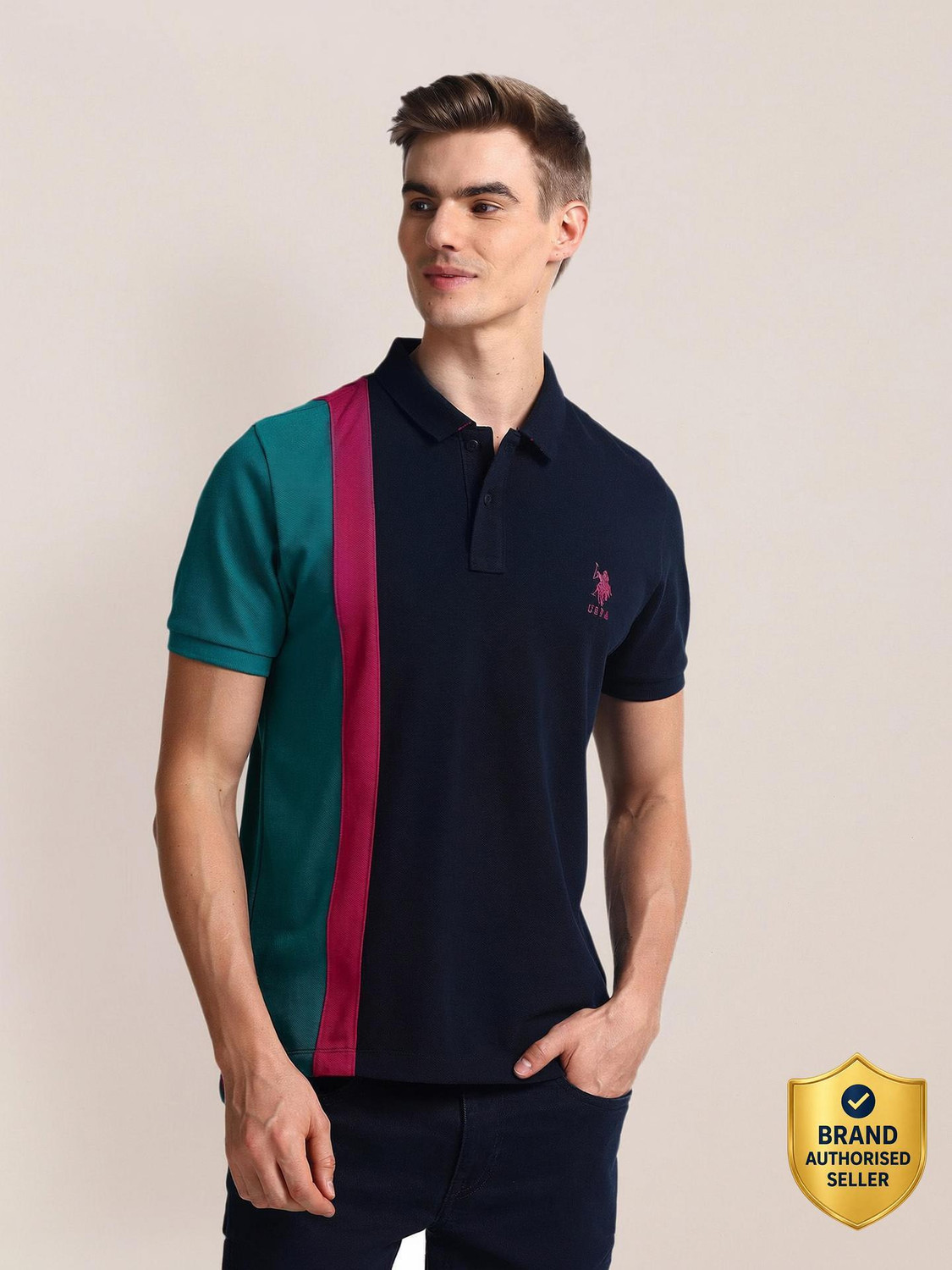Image of U.S. POLO ASSN. Colorblock Men Polo Neck Blue T-Shirt