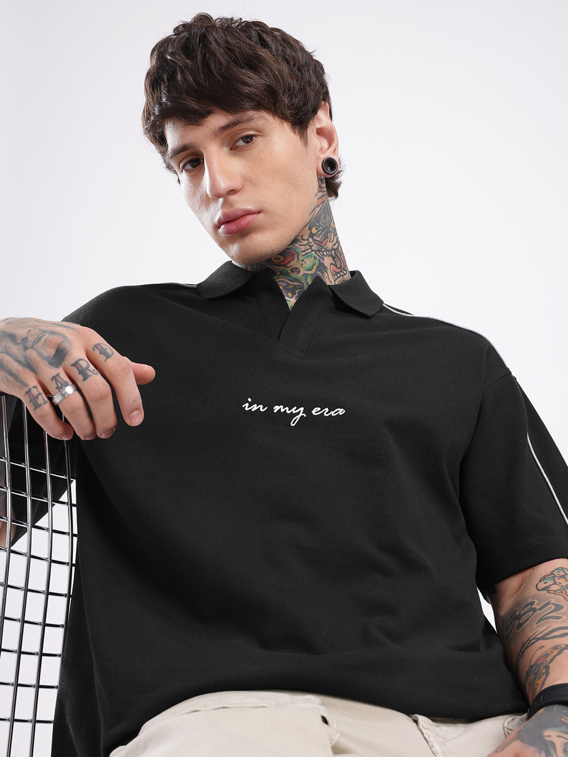 Image of Glitchez Embroidered Men Polo Neck Black T-Shirt