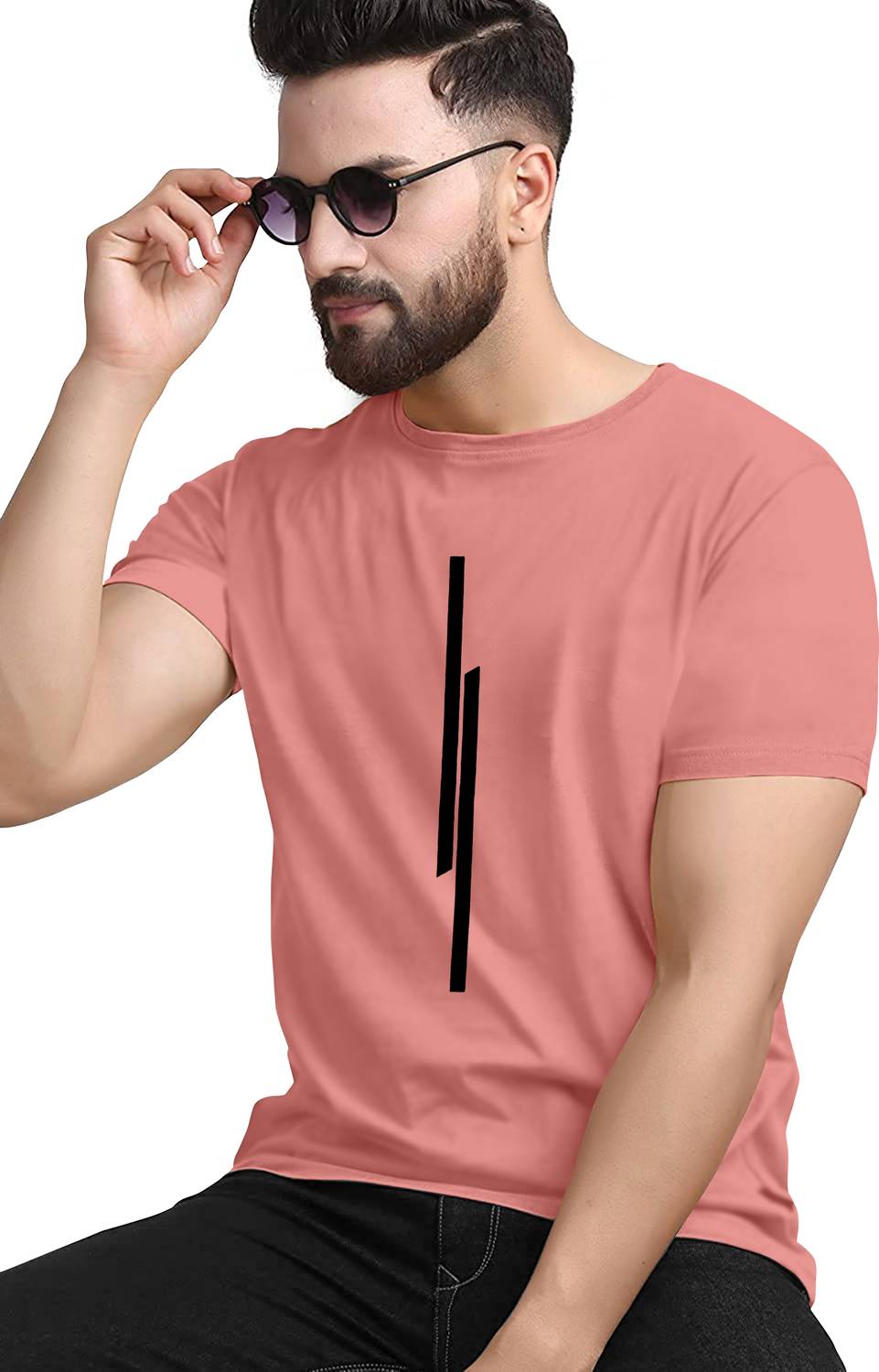 KAJARU Men Striped Round Neck Polyester Pink T-Shirt