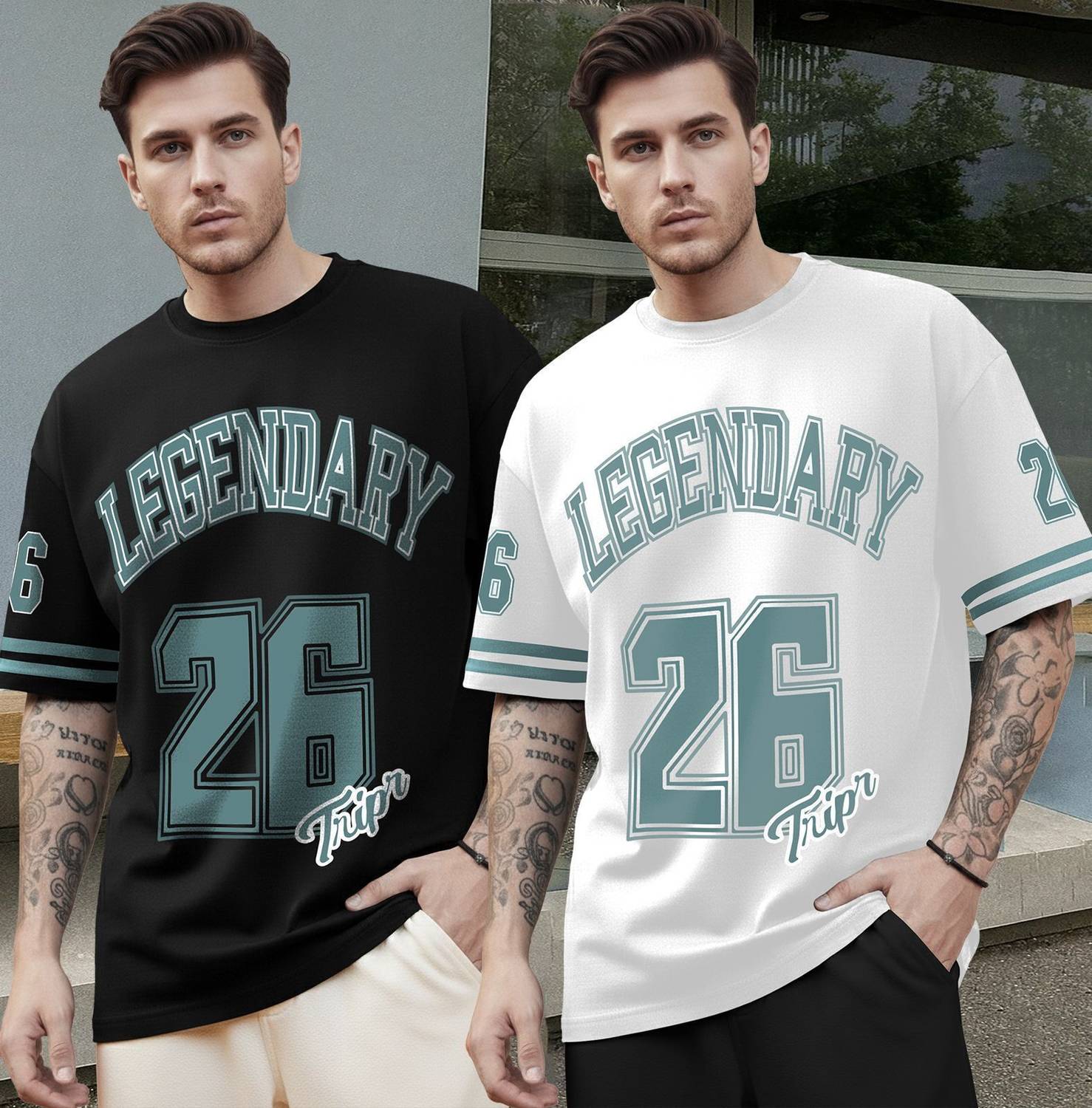 TRIPR Pack of 2 Oversized Men Printed Round Neck Cotton Blend Bla