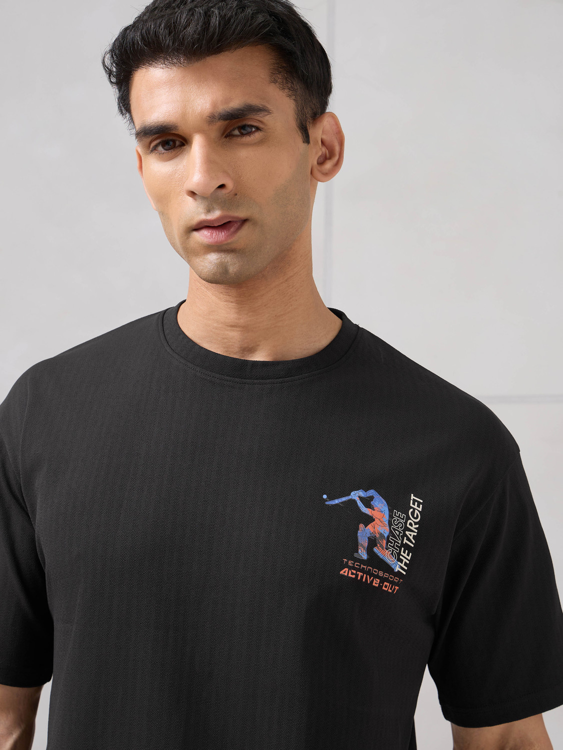 Image of TECHNOSPORT Graphic Print Men Round Neck Black T-Shirt