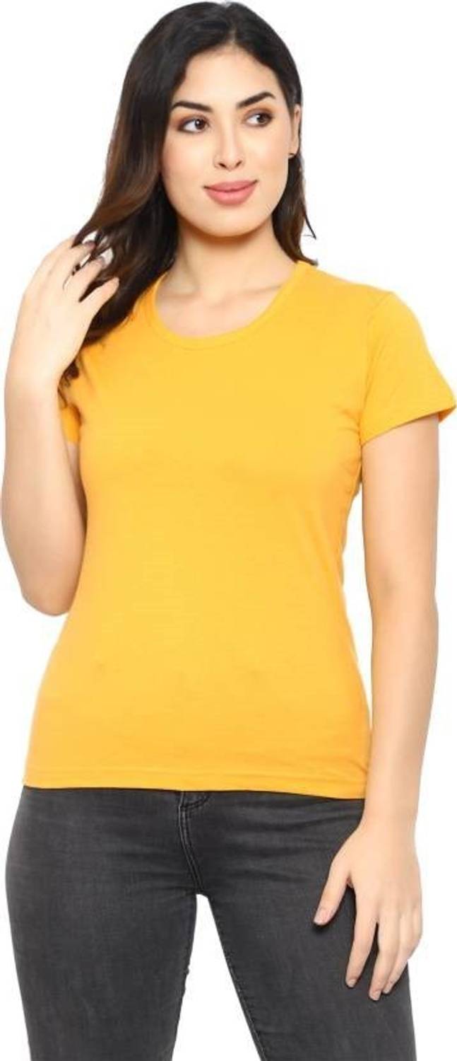 AFCollection Solid Women Round Neck Yellow T-Shirt
