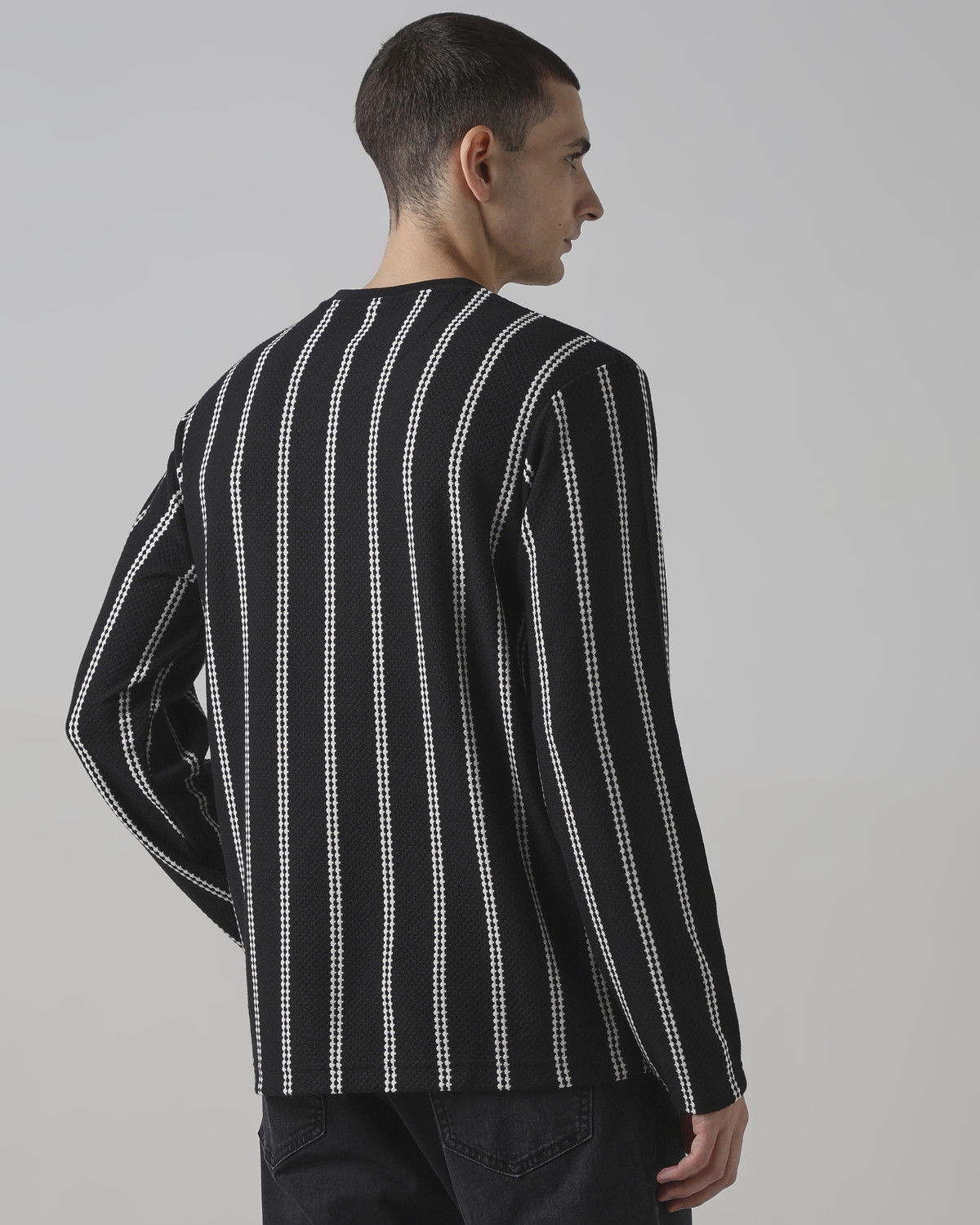 Image of MUFTI Striped Men Crew Neck Black T-Shirt