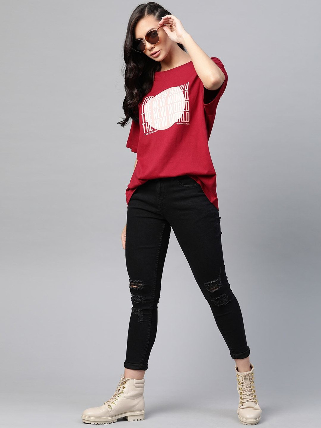Image of Roadster Printed Women Round Neck Red T-Shirt