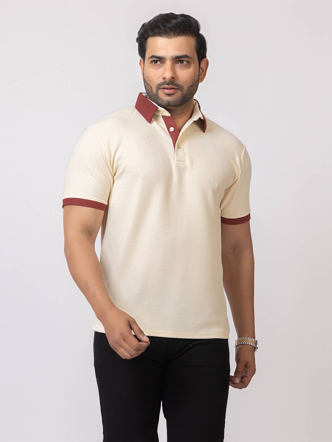 BUFFARO Colorblock Men Polo Neck White T-Shirt