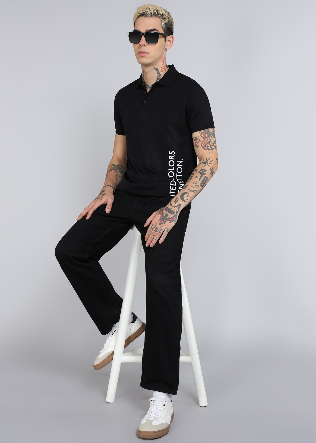 Image of United Colors of Benetton Printed Men Polo Neck Black T-Shirt
