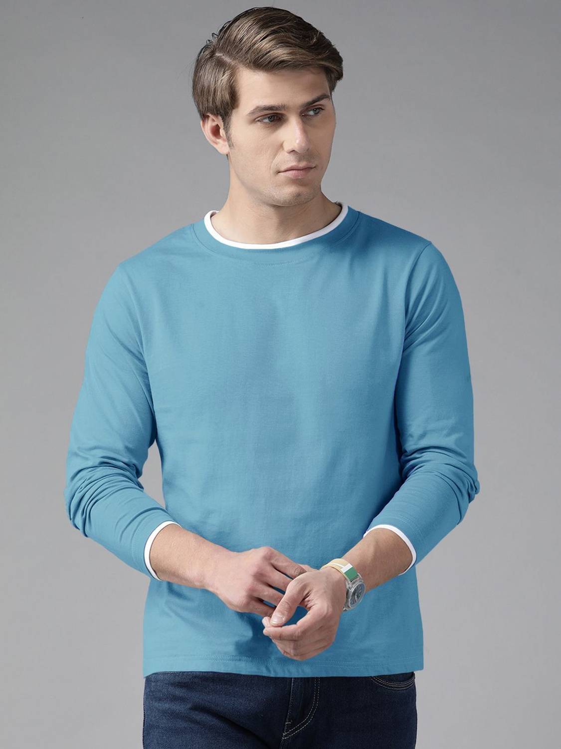 THE DRY STATE Men Solid Round Neck Pure Cotton Light Blue T-Shirt