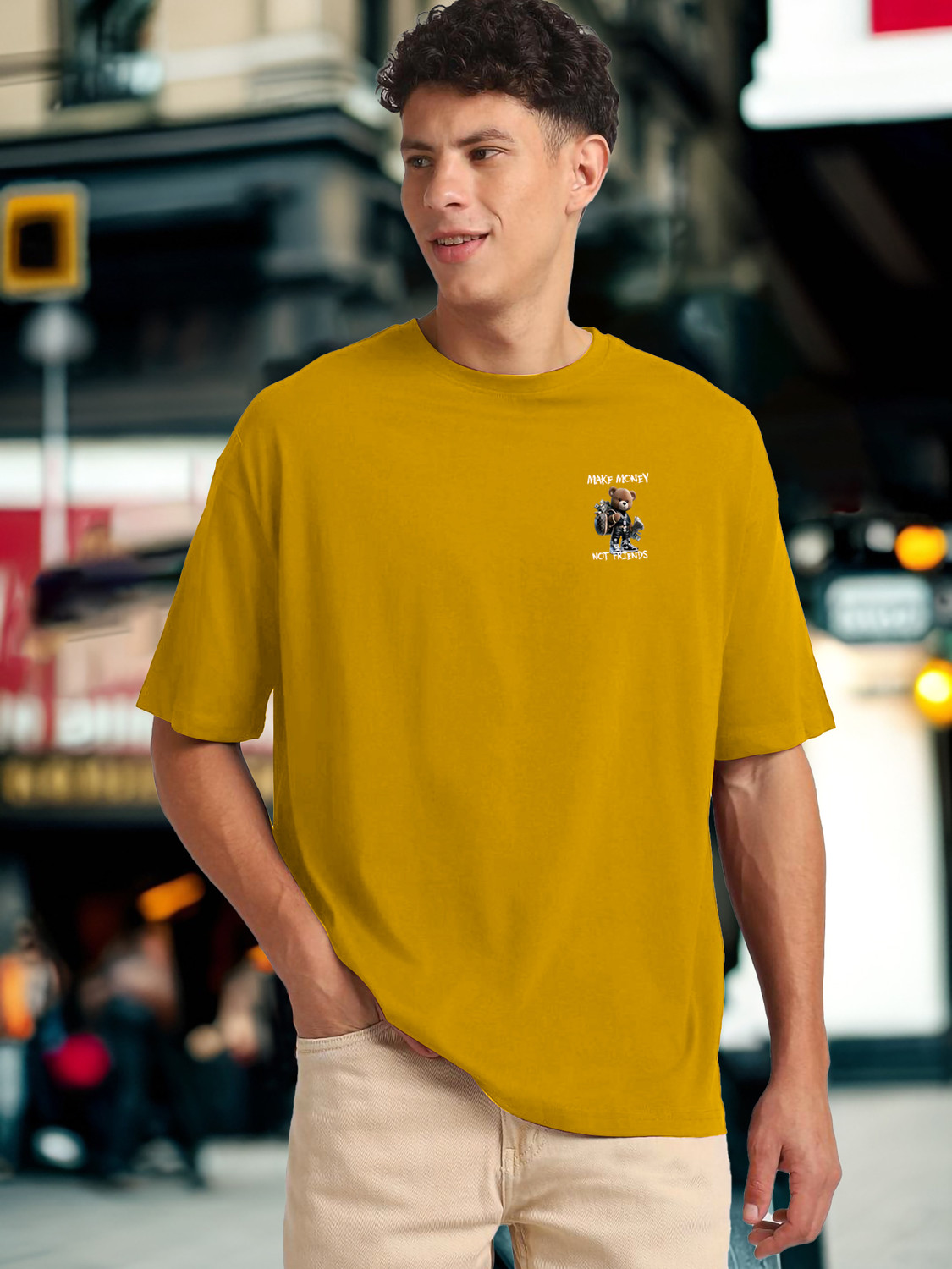 Image of Heartees Printed Men Round Neck Yellow T-Shirt