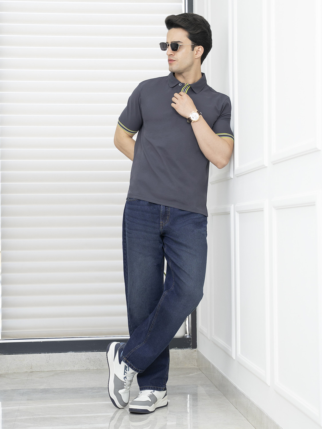 Image of RED TAPE Men Printed Polo Neck Polyester Grey T-Shirt