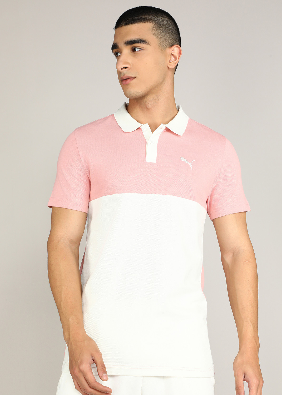 Image of PUMA Colorblock Men Polo Neck White, Pink T-Shirt