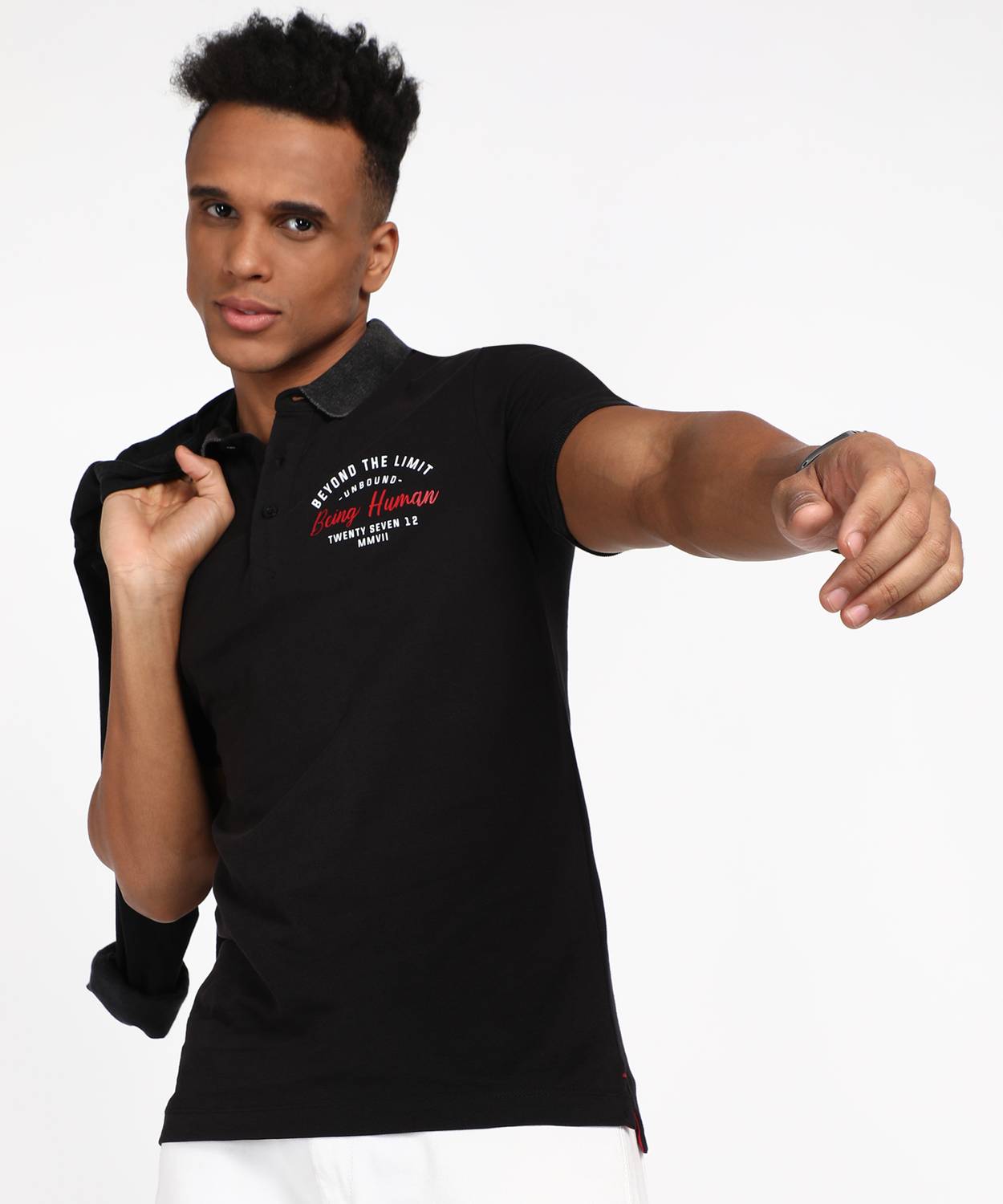 BEING HUMAN Black Regular Fit Men's Polo T-Shirt by Being Human Clothing Men Solid Polo Neck Cotton Blend Black T-Shirt