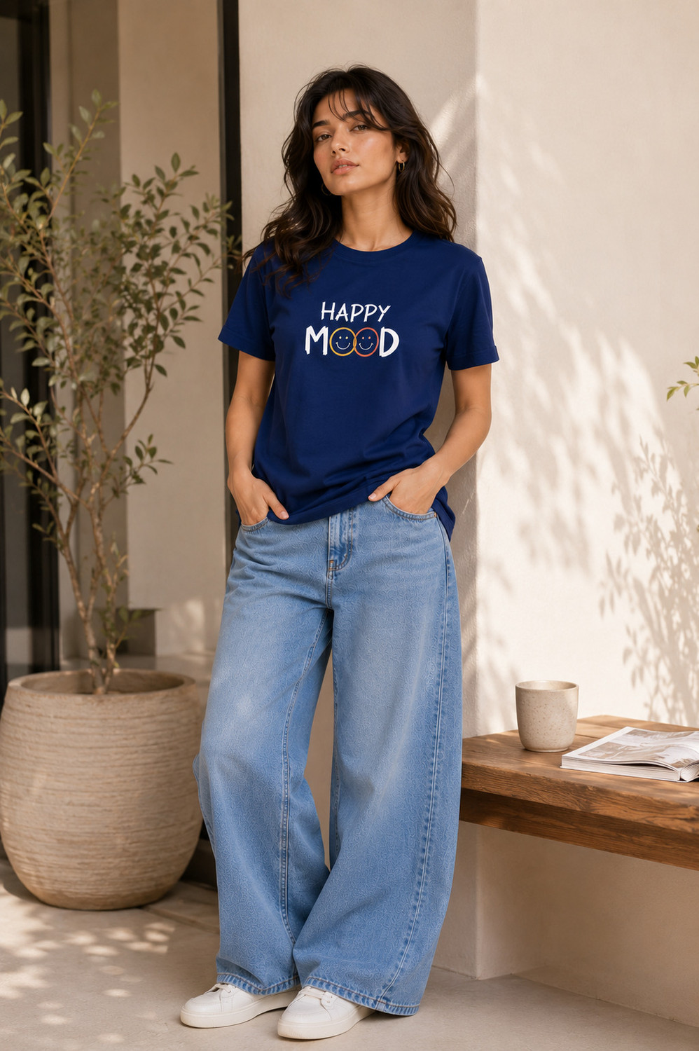 Image of Adyavastram Typography Women Round Neck Blue T-Shirt