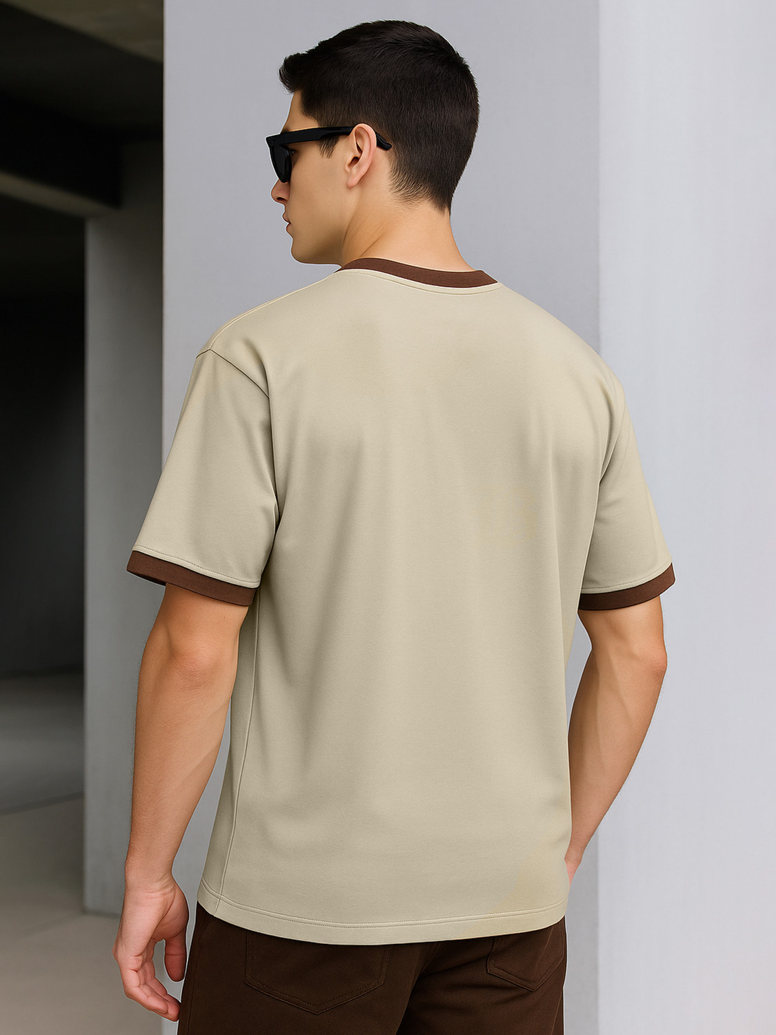 Image of MANIAC Graphic Print Men Round Neck Beige, Brown T-Shirt