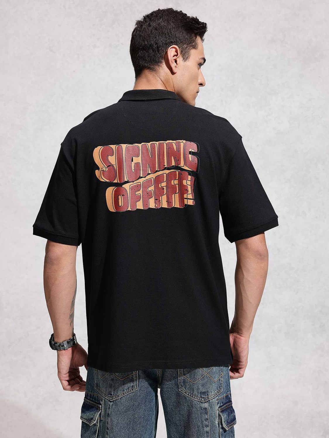 Image of WROGN Printed Men Polo Neck Black T-Shirt
