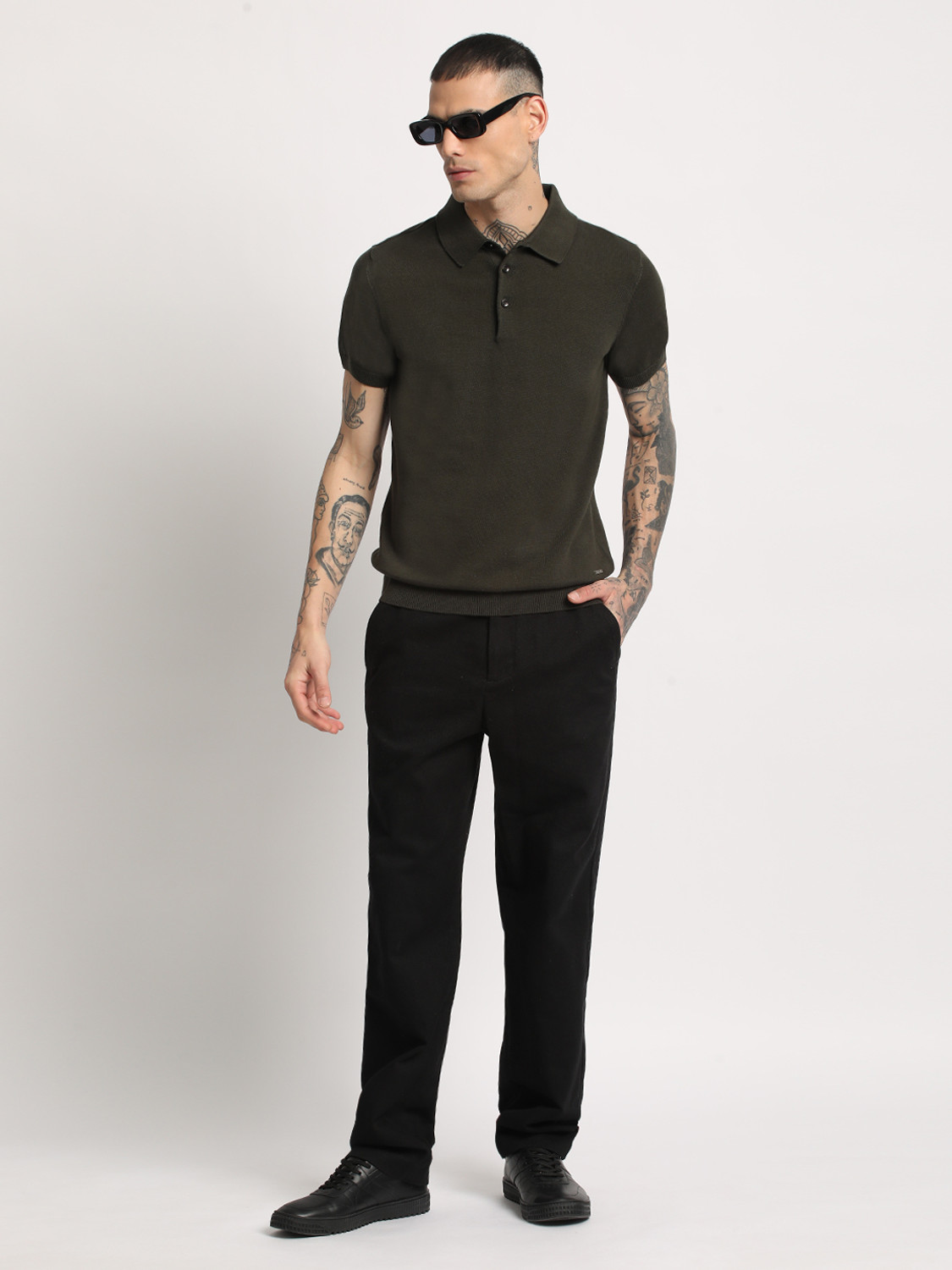 Image of THE BEAR HOUSE Solid Men Polo Neck Dark Green T-Shirt