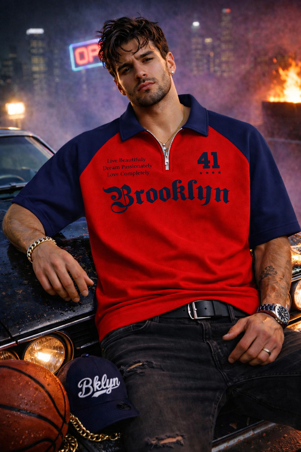 Image of Conway Typography Men Zip Neck Red, Blue T-Shirt