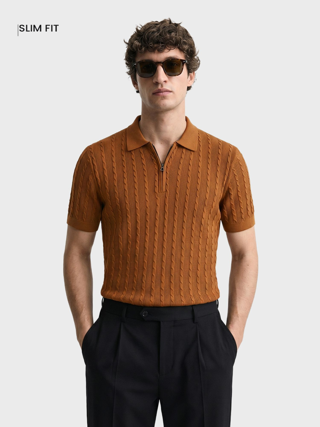 Image of The Indian Garage Co. Self Design Men Polo Neck Brown T-Shirt