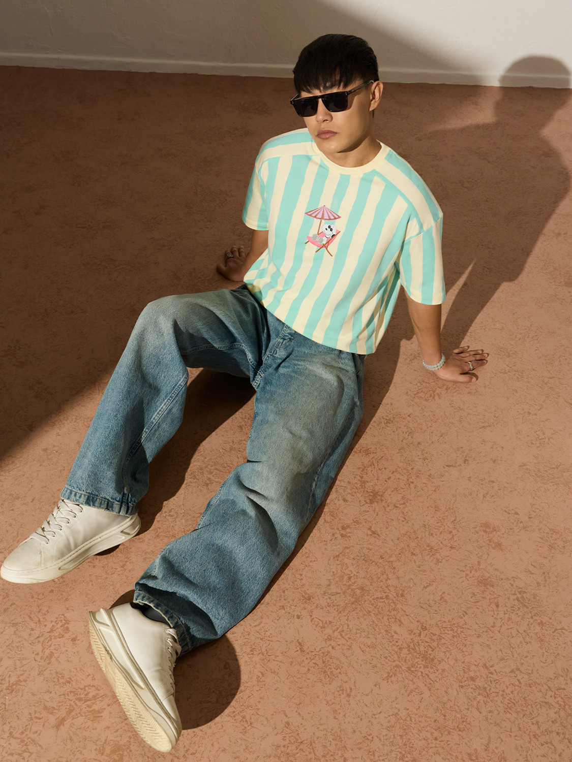 Image of The Souled Store Striped Men Round Neck Light Green T-Shirt