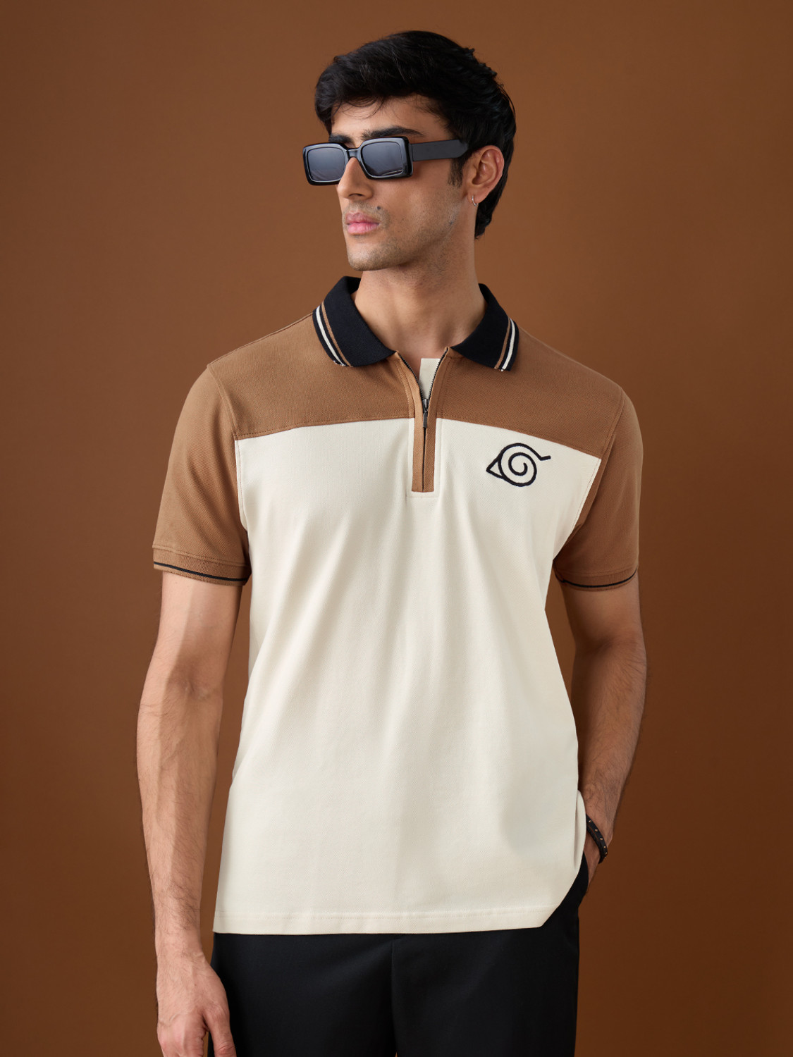 Image of The Souled Store Colorblock Men Polo Neck Beige T-Shirt