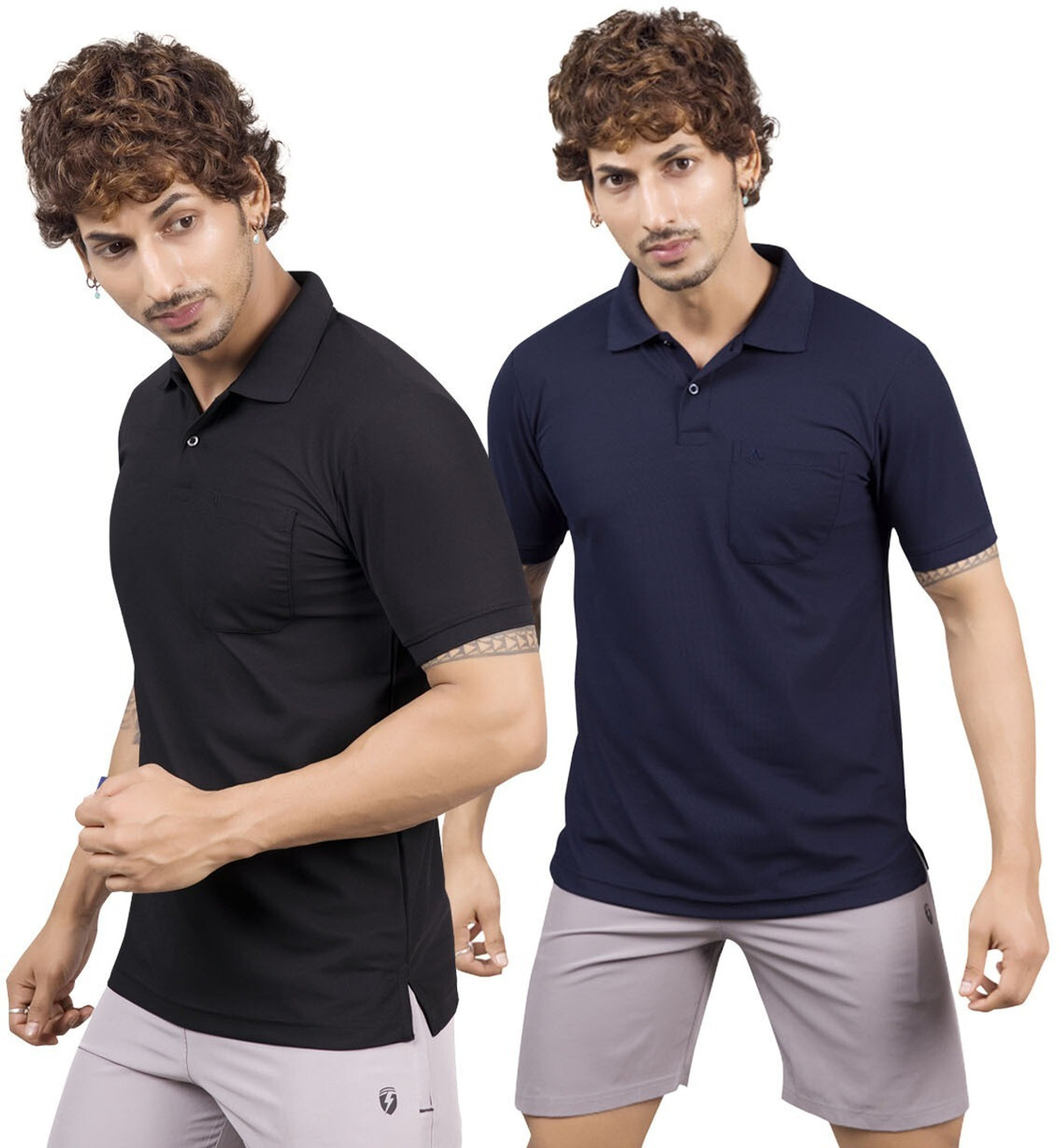 Image of M2HIT Solid Men Polo Neck Black, Navy Blue T-Shirt