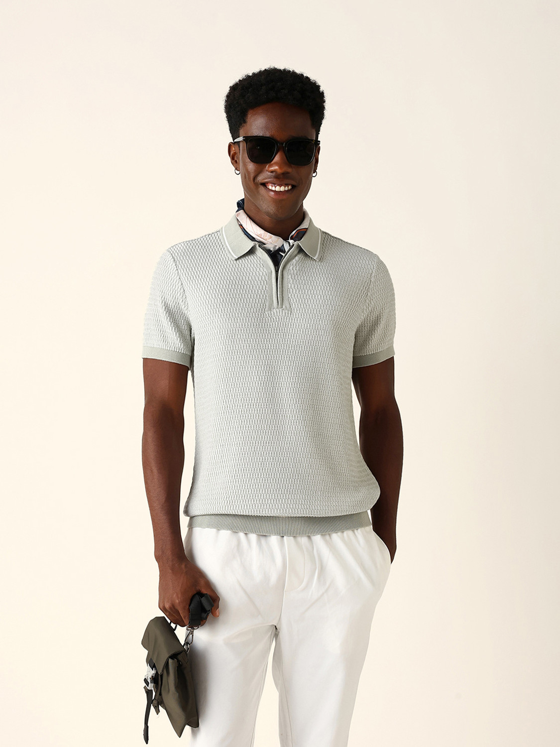 Image of THE BEAR HOUSE Self Design Men Polo Neck Grey T-Shirt
