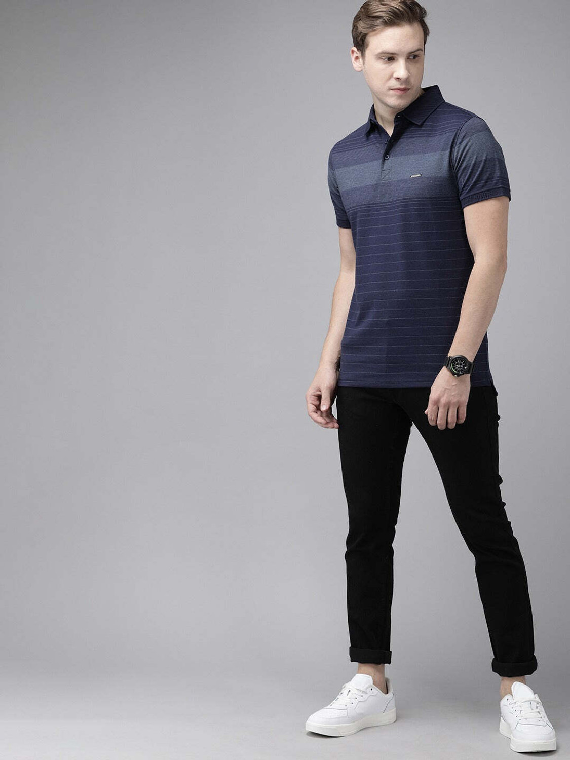 Image of THE BEAR HOUSE Striped Men Polo Neck Blue T-Shirt