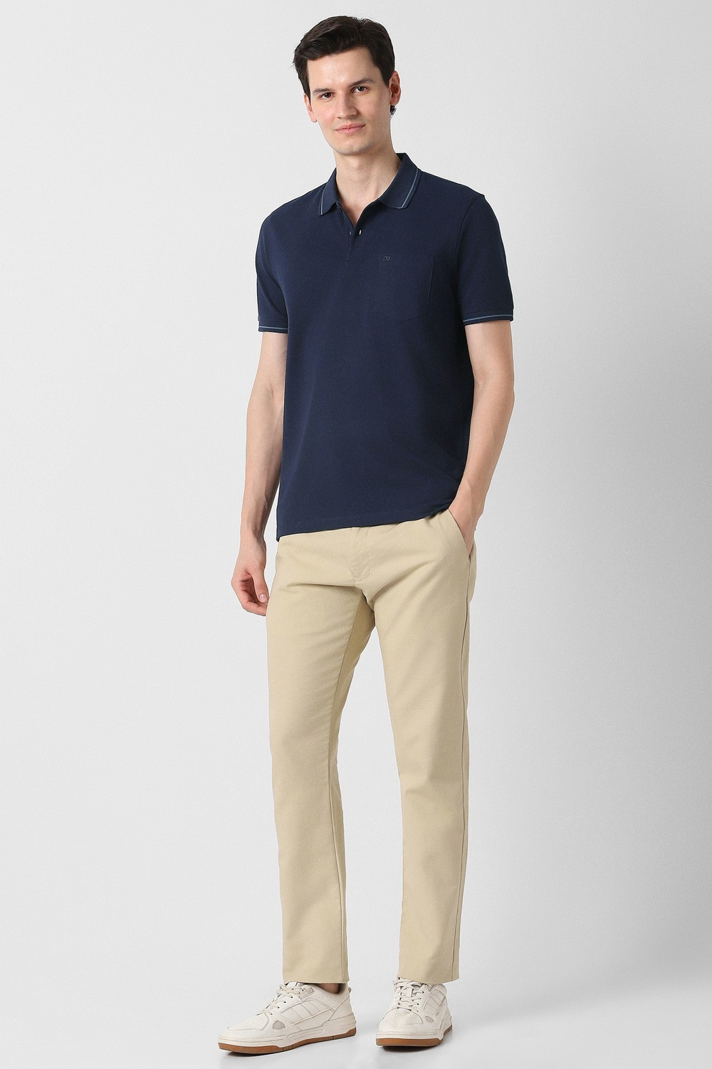 Image of PETER ENGLAND Solid Men Polo Neck Navy Blue T-Shirt