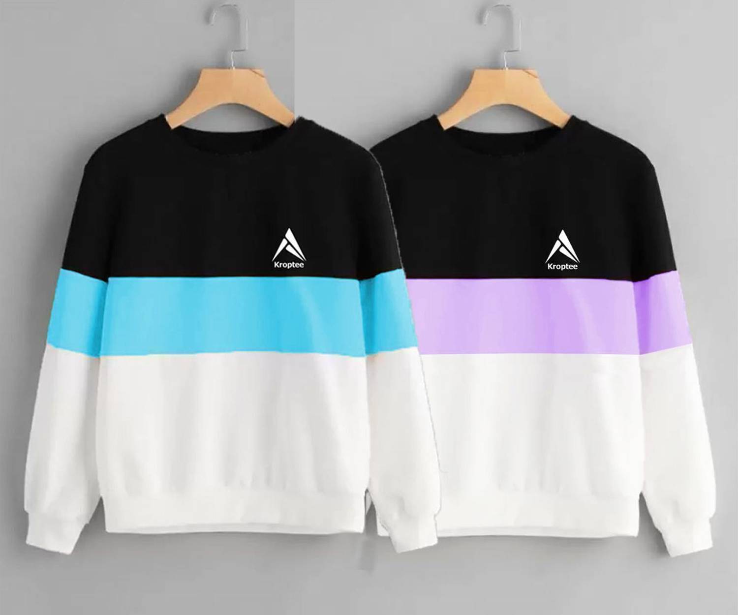 Kroptee Pack of 2 Men Colorblock Round Neck Cotton Blend Light Bl