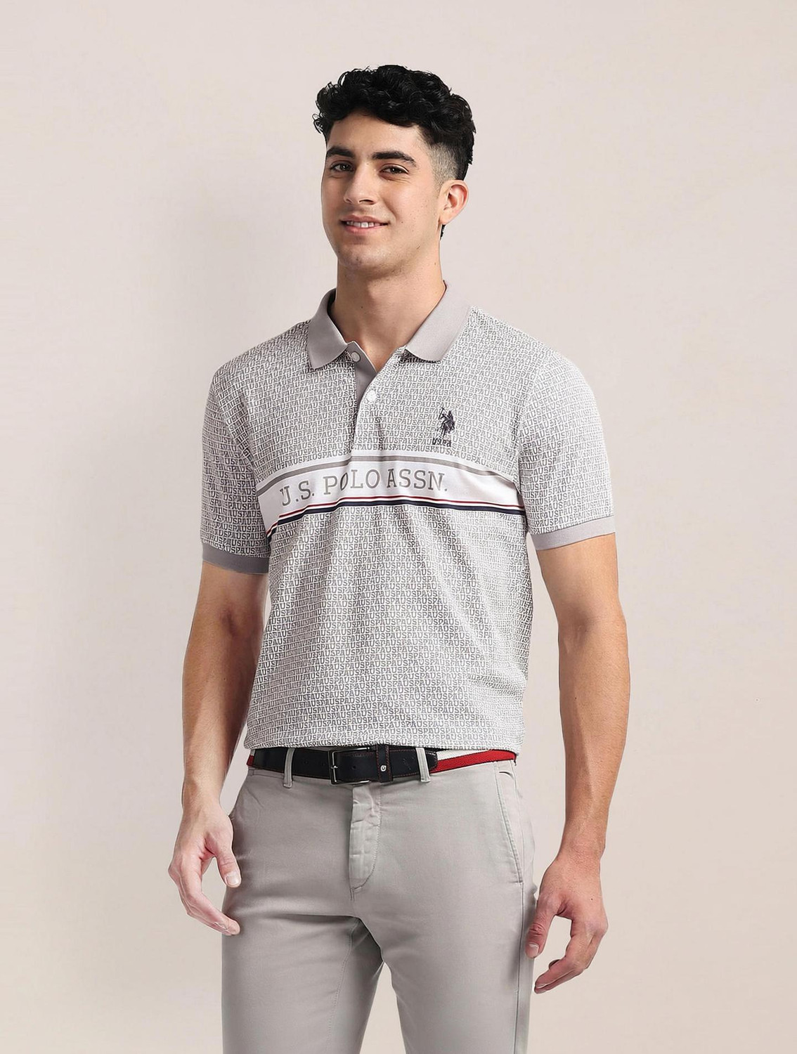 Image of U.S. POLO ASSN. Typography Men Polo Neck Grey T-Shirt