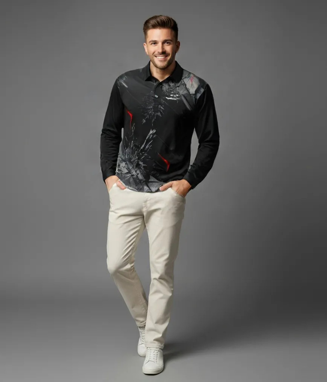 Image of lookswala Abstract Men Polo Neck Black T-Shirt
