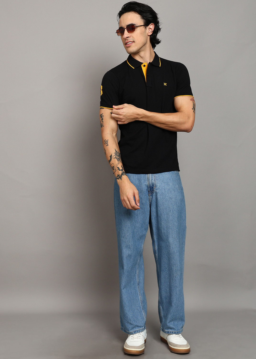 Image of KILLER Men Solid Polo Neck Cotton Blend Black T-Shirt