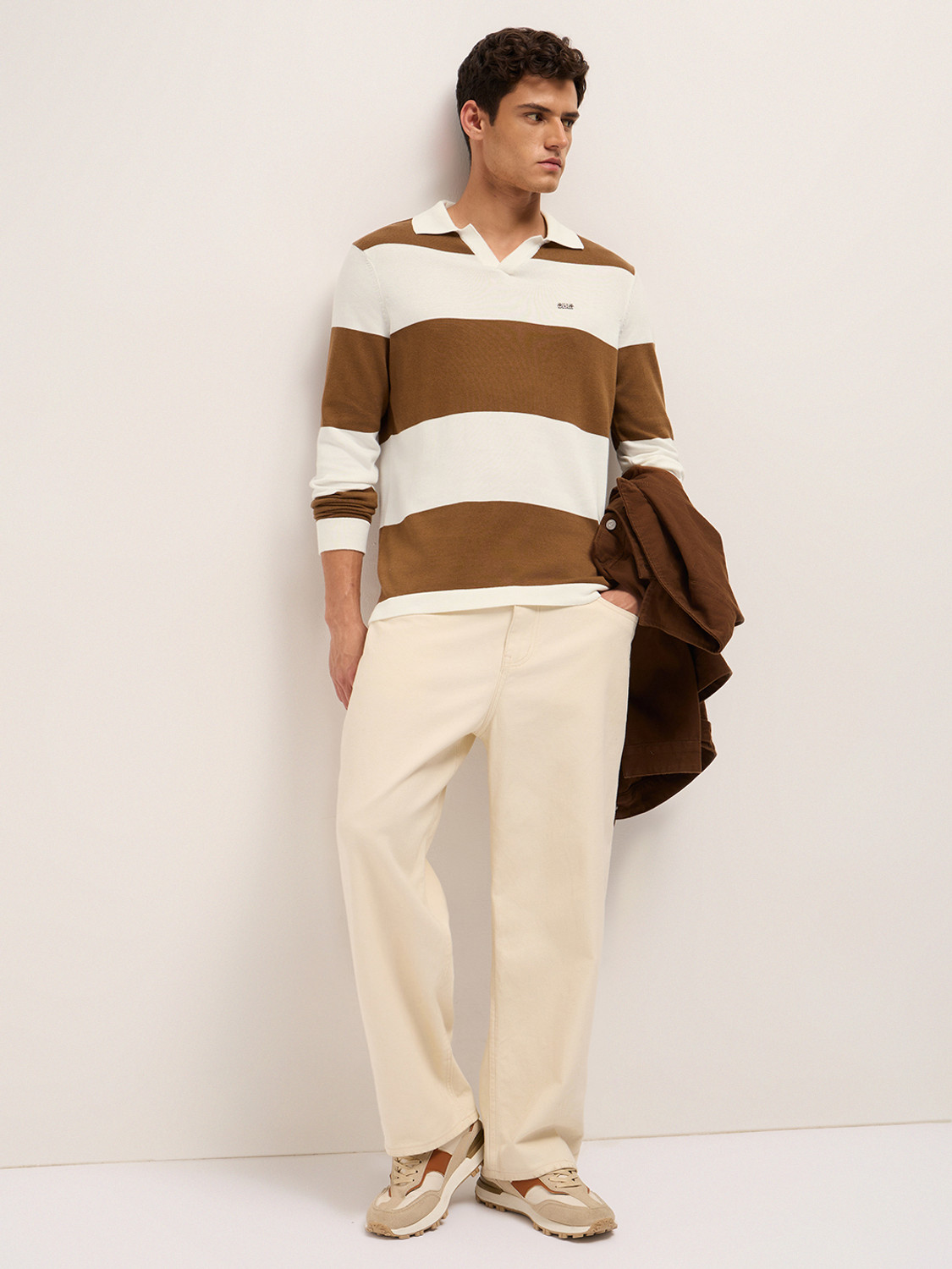 Image of THE BEAR HOUSE Striped Men Polo Neck Brown T-Shirt