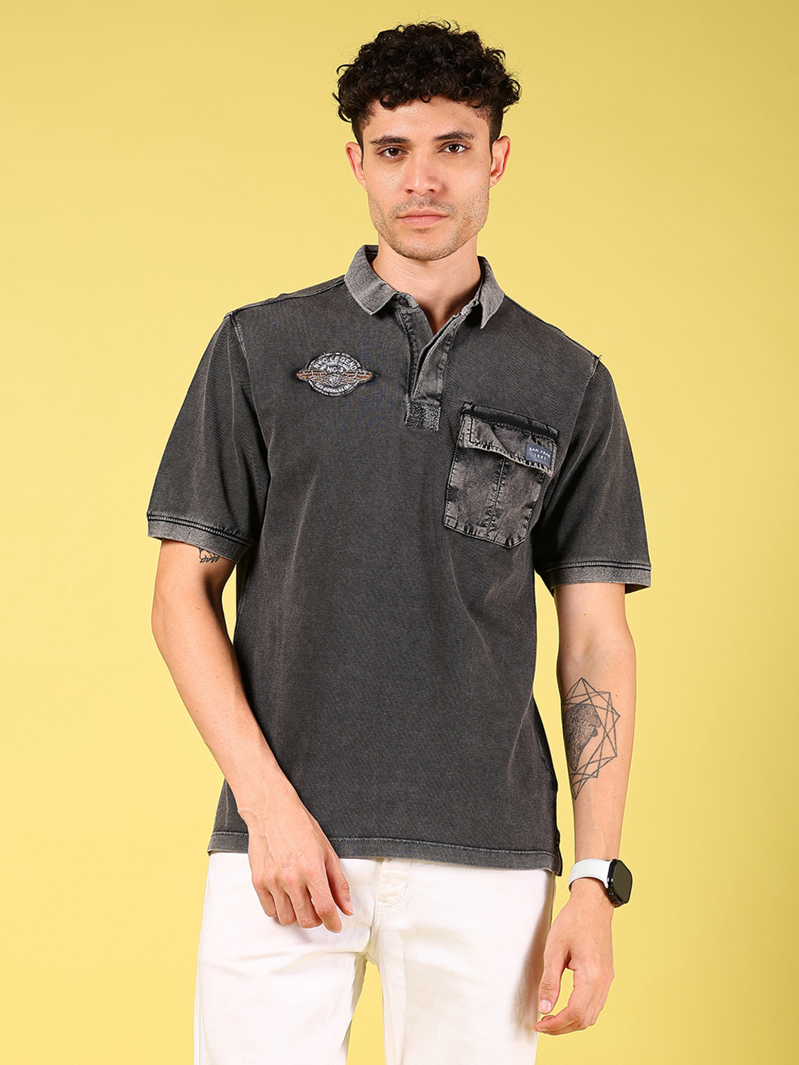 Image of V-MART Tie & Dye Men Polo Neck Grey T-Shirt