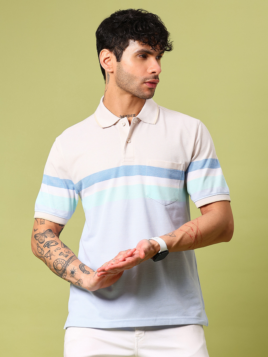 Image of V-MART Colorblock Men Polo Neck Light Blue T-Shirt