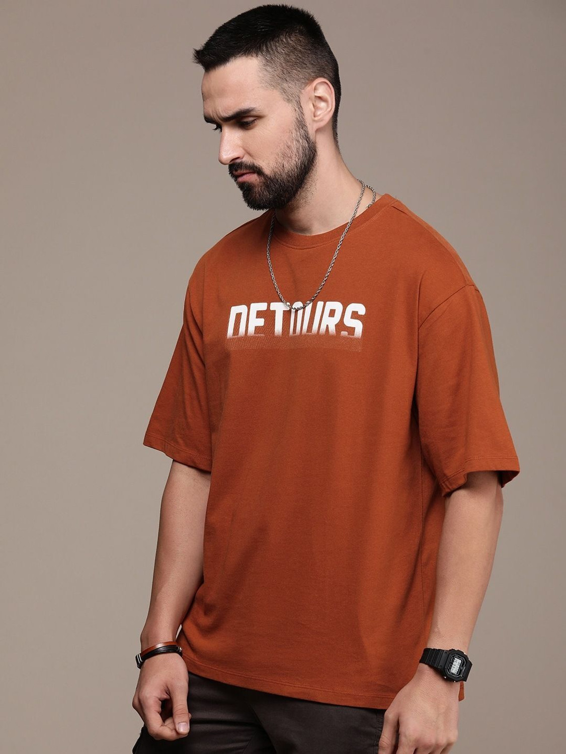 Image of Roadster Typography, Printed Men Round Neck Brown T-Shirt