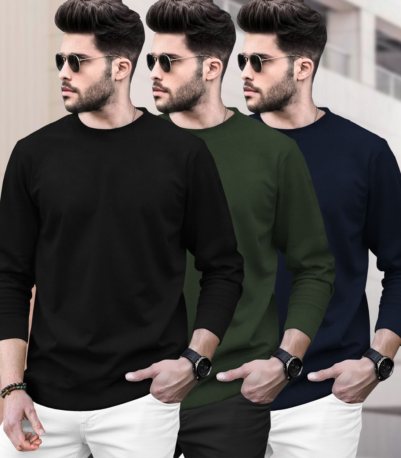 Image of BLIVE Solid Men Round Neck Multicolor T-Shirt