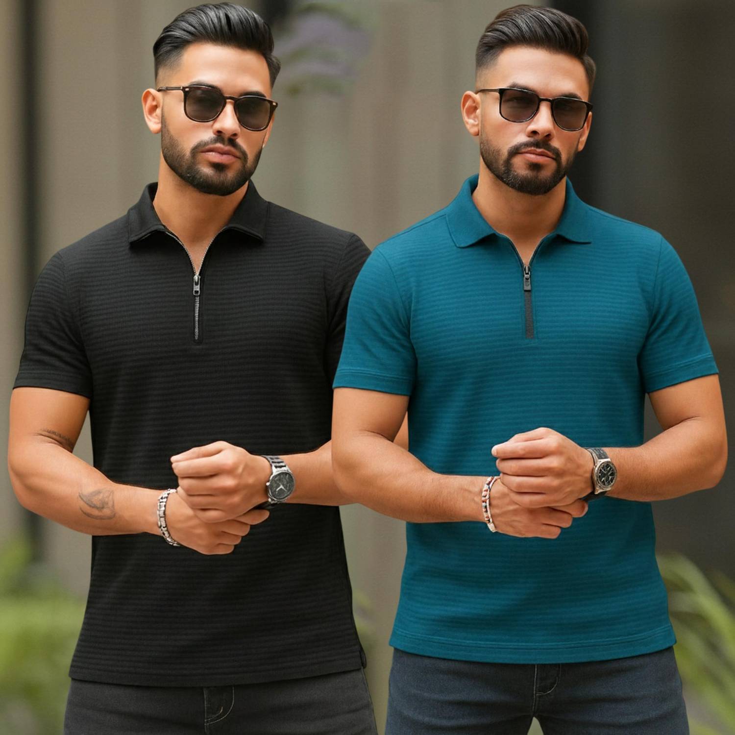 METRONAUT Pack of 2 Solid Men Zip Neck Polycotton Black, Blue T-S