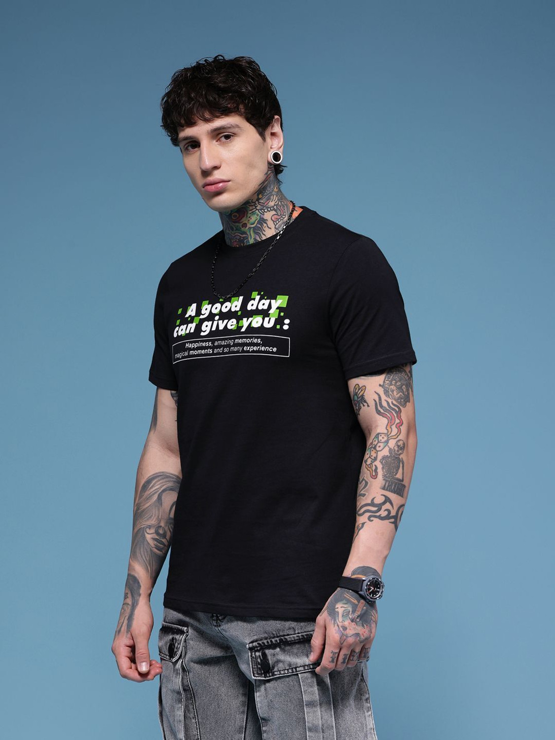 Image of HERE&NOW Printed Men Round Neck Black T-Shirt