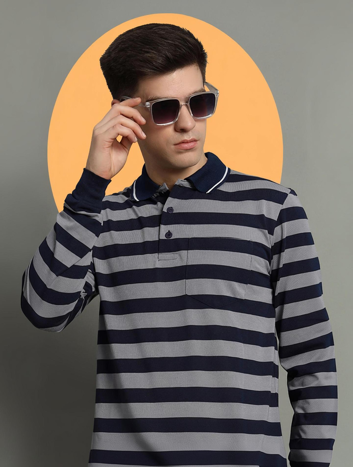 Image of GETGOLF Striped Men Polo Neck Navy Blue T-Shirt
