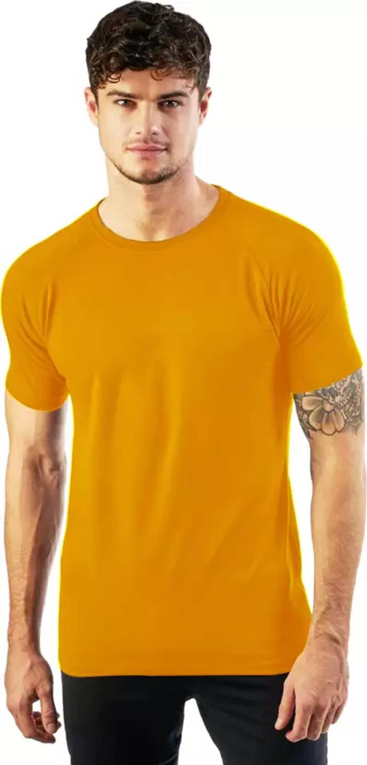 ALPHINE Solid Men Round Neck Yellow T-Shirt