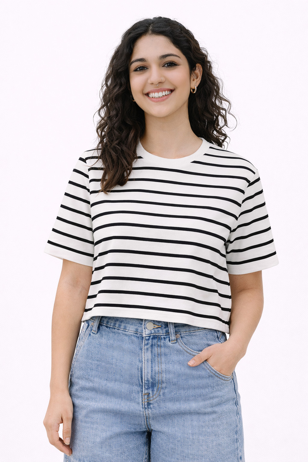 Image of BLACK STUDIO Striped Women Round Neck White T-Shirt
