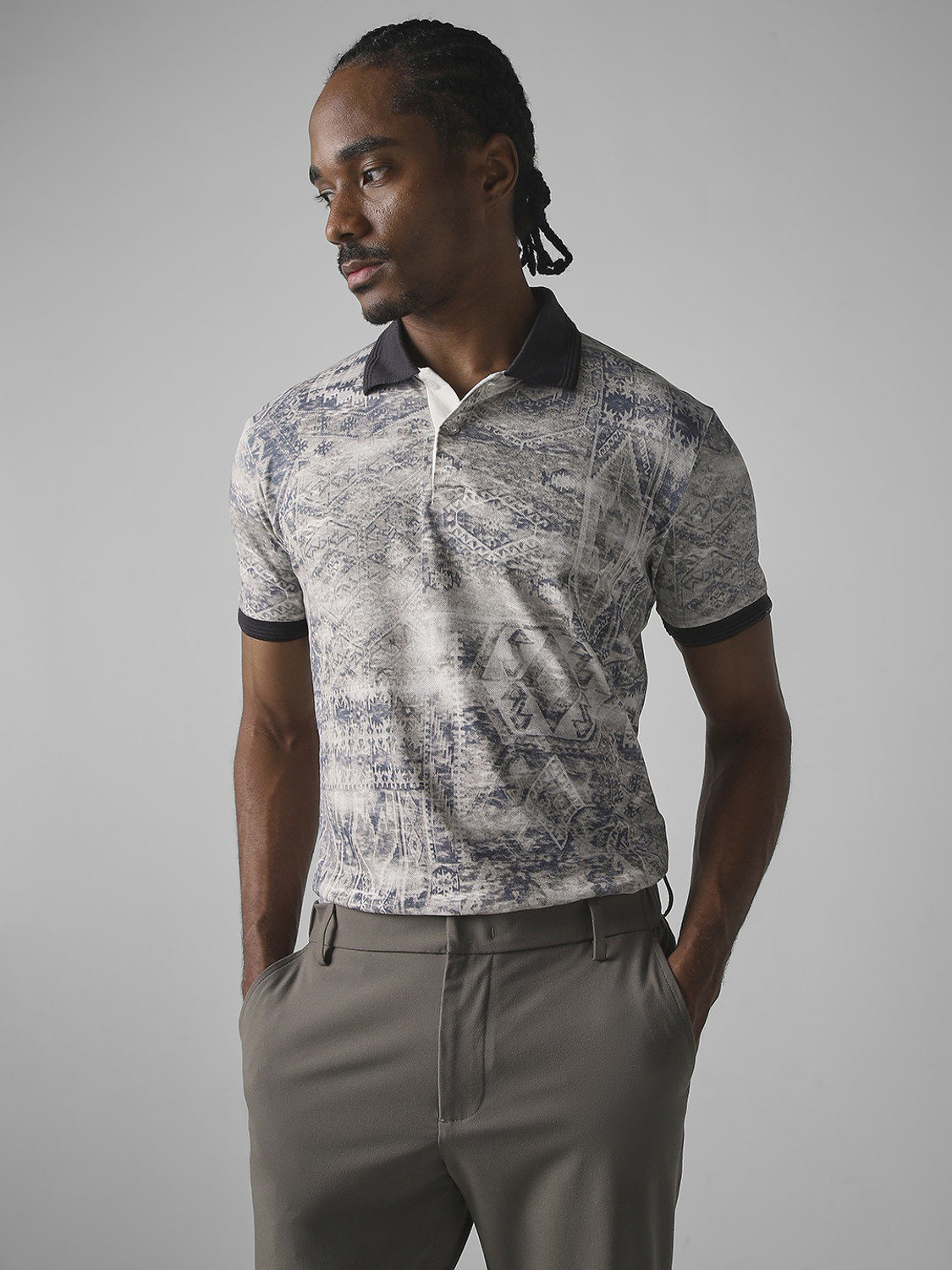 Image of MUFTI Printed Men Polo Neck Beige T-Shirt