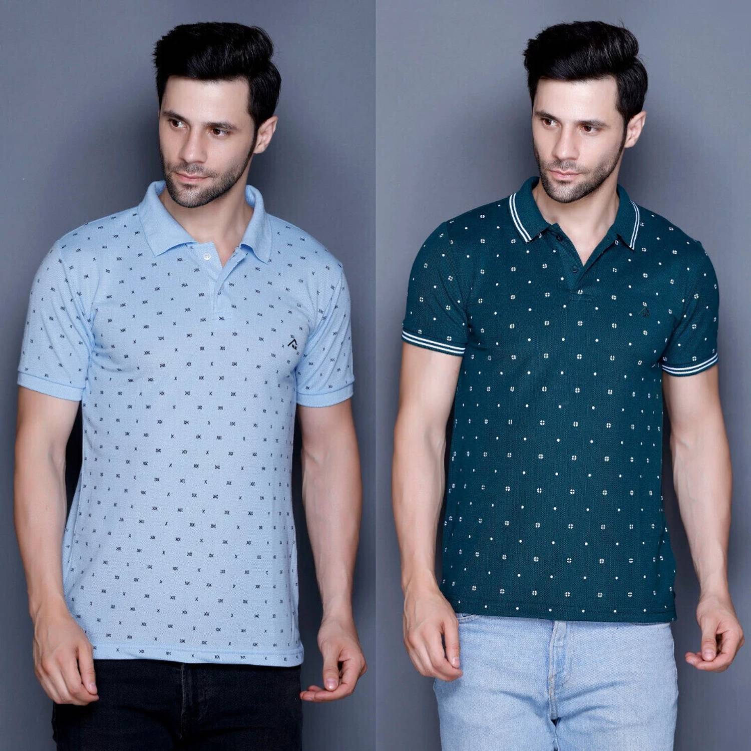 MELLOWMEN Pack of 2 Men Polka Print, Printed Polo Neck Cotton Ble