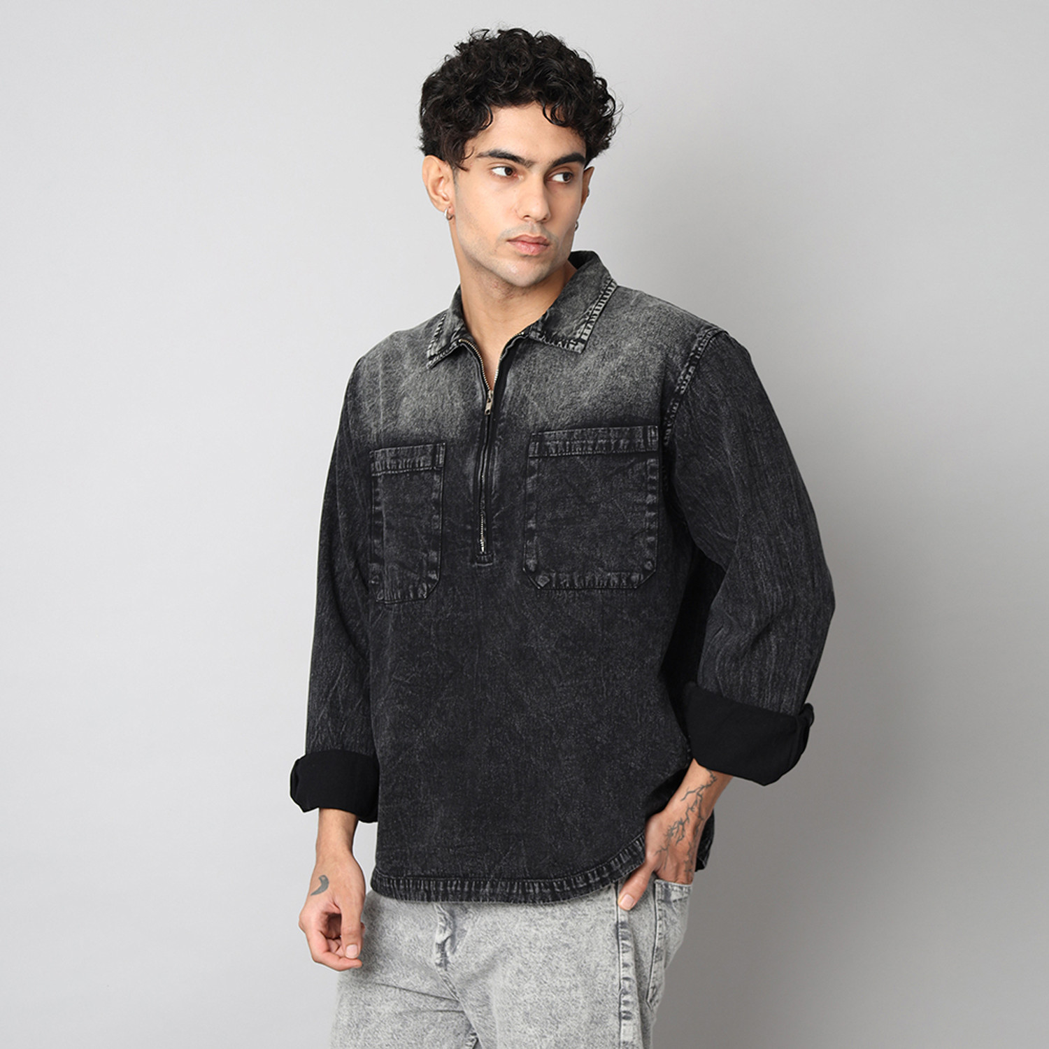 Image of D Finish Men Washed Casual Black Shirt