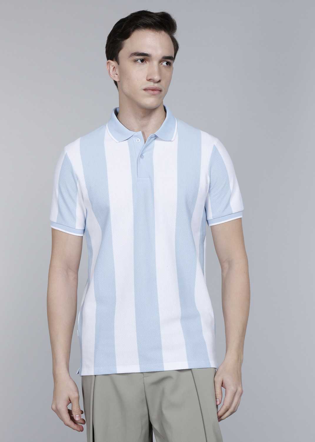 Image of KILLER Men Striped Polo Neck Polyester Light Blue T-Shirt