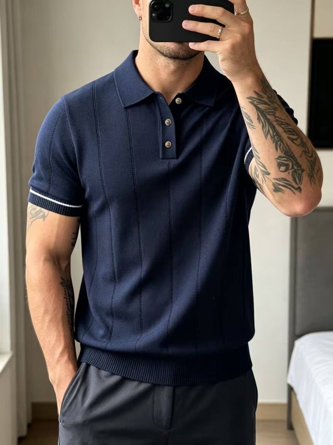 Image of sti Solid Men Polo Neck Navy Blue T-Shirt