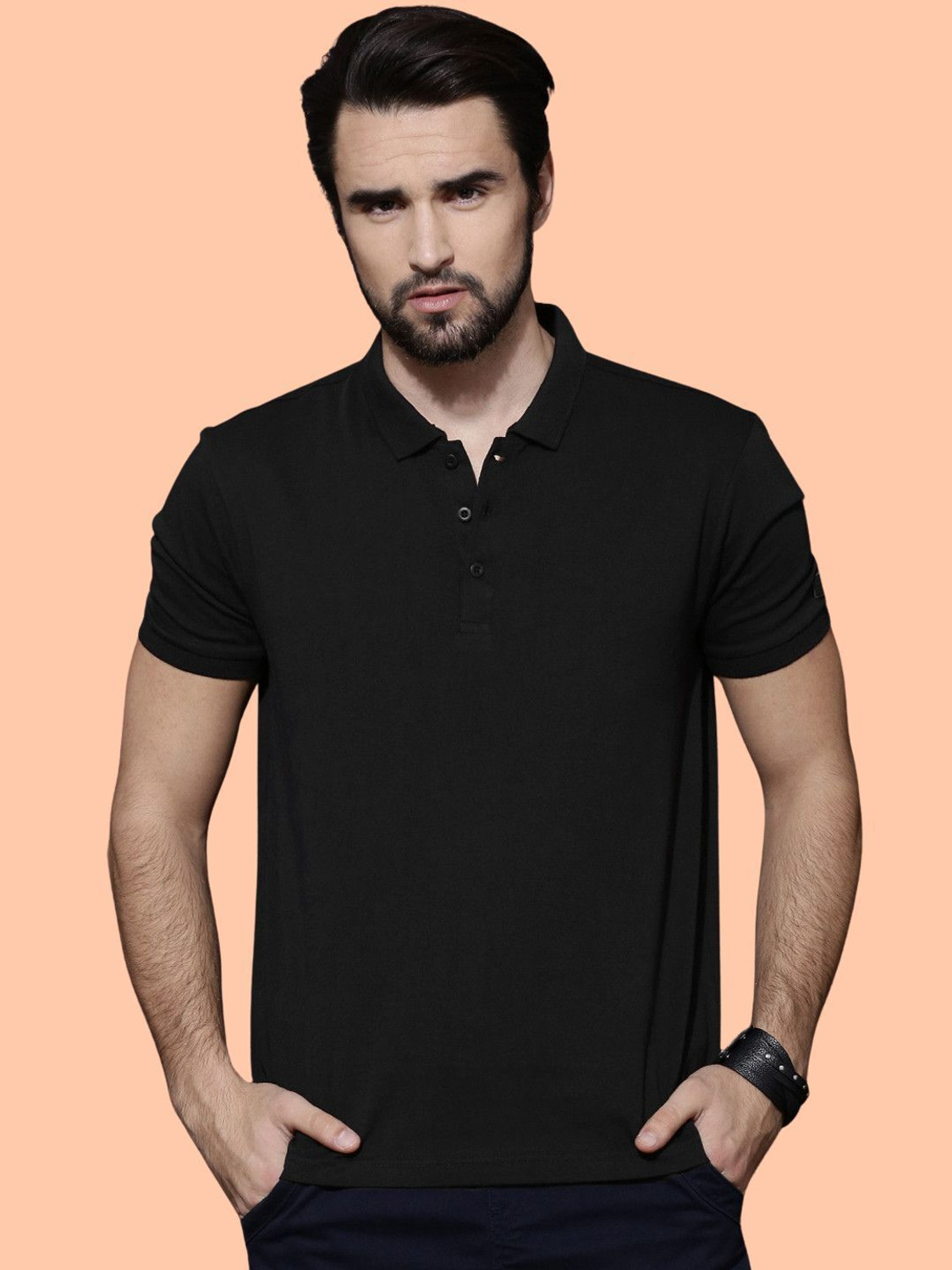 Image of Roadster Solid Men Polo Neck Black T-Shirt